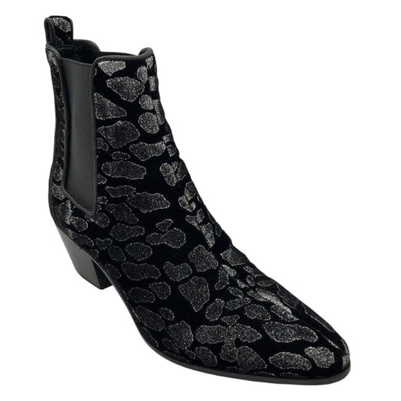Saint Laurent Black Glitter Leopard Velvet Ankle Boots - Picture 1 of 8